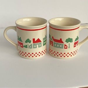 Vintage Country Christmas Mugs Pair red green Houses Korea Ivory color Stoneware